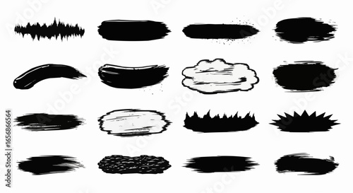 Ink paintbrush grunge texture silhouettes set. Dirty brush stroke shapes isolated on white background