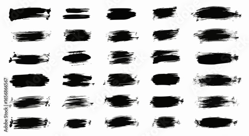 Ink paintbrush grunge texture silhouettes set. Dirty brush stroke shapes isolated on white background