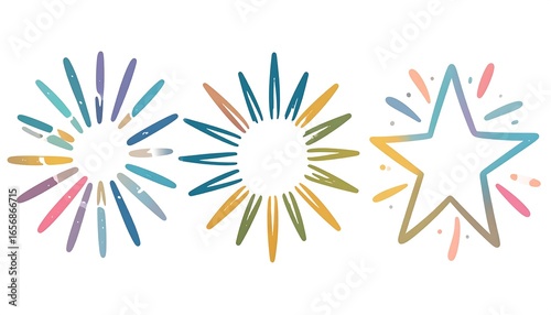 Three decorative shapes with radiating lines and embellishments.