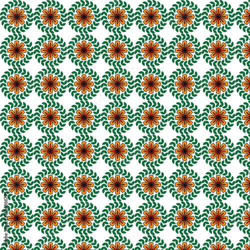 Intricate geometric floral pattern with red and green swirls