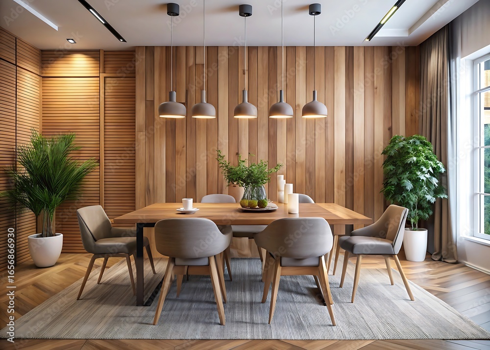 Fototapeta premium Modern dining room with natural wood walls and comfortable seating