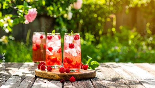 Refreshing raspberry iced drinks stand on a rustic wooden table, bathed in sunlight, in a lush garden setting.