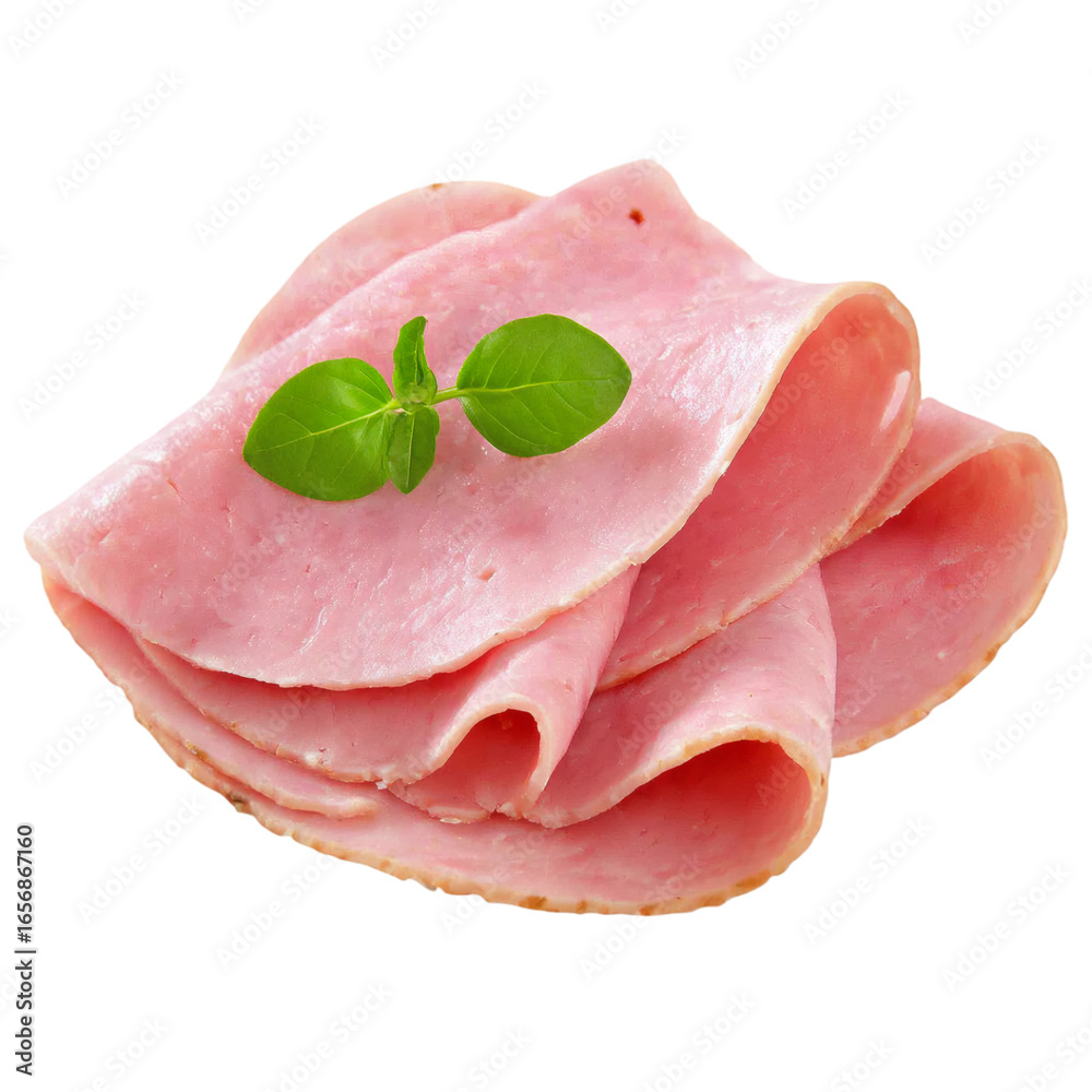 Freshly sliced ham with basil garnish, perfect for culinary and food-related projects Freshly sliced ham with basil garnish, perfect for culinary and food-related projects