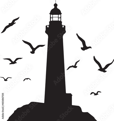 Lighthouse Birds Silhouette on Coastal Hill