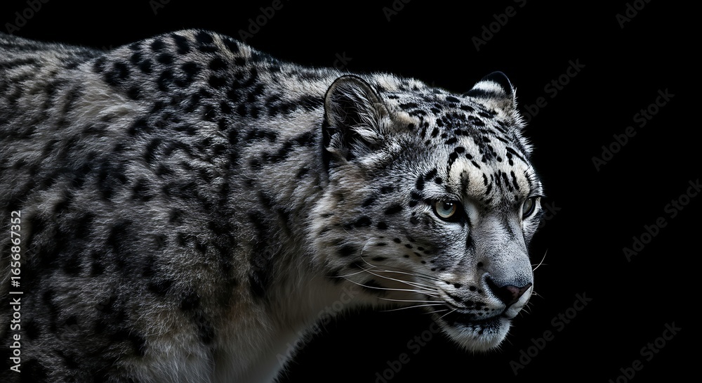 Obraz premium Majestic Snow Leopard Walking in Dark Background with Intense Focus and Sleek Fur
