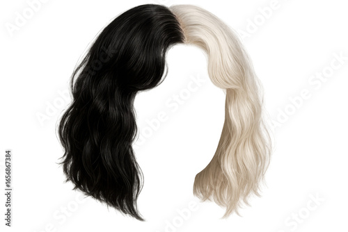 Trendy two tone wig with black and blonde wavy hair on transparent background