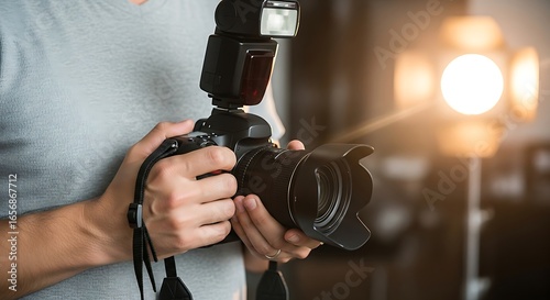 Photographer holding a dslr camera with external flash and studio light