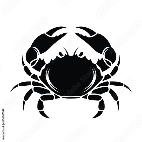 A black silhouette of a crab with its claws raised, isolated on a white background