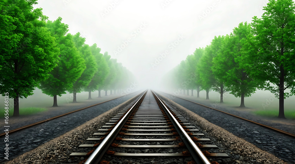 Fototapeta premium Railroad tracks disappearing into a foggy horizon lined with green trees