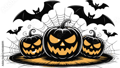 Halloween pumpkins with bats and spiderwebs jack o lantern