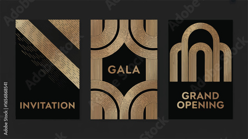 Luxury Event Invitation Set Gala, Grand Opening Design with Abstract Gold Patterns