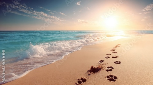 Dog paw prints on a beach at sunrise.