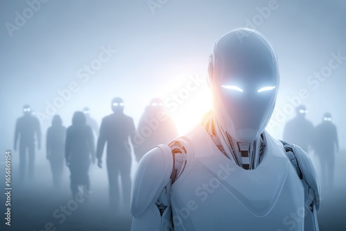Sleek white robot with glowing eyes and a crowd in a futuristic mist.