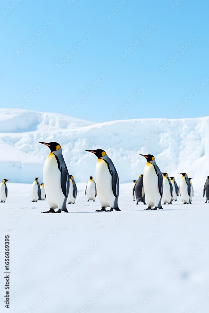 Obraz premium Group of Emperor Penguins Standing on Snow in Antarctica Under Clear Blue Sky
