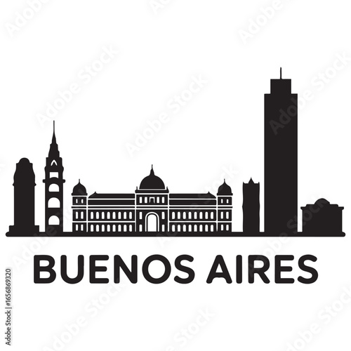 Vector Buenos Aires skyline. Travel Buenos Aires famous landmarks. Business and tourism concept for presentation, banner, web site. Vector black silhouette. with white background