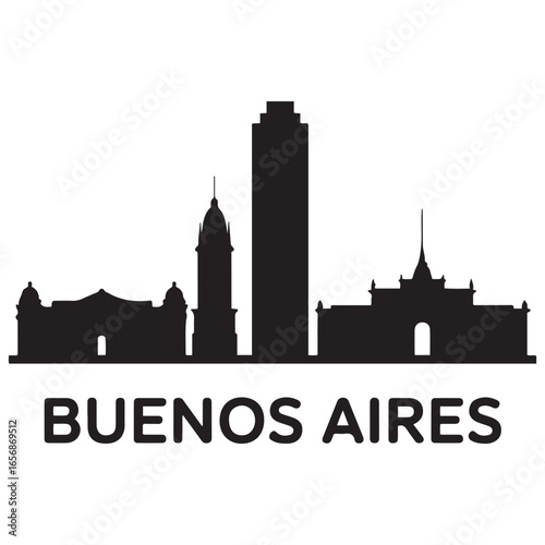 Vector Buenos Aires skyline. Travel Buenos Aires famous landmarks. Business and tourism concept for presentation, banner, web site. Vector black silhouette. with white background