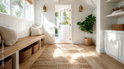 Wallpaper Mural This inviting entryway showcases a combination of natural wood elements and soft furnishings, creating a warm and welcoming atmosphere to greet guests and enhance comfort. Torontodigital.ca