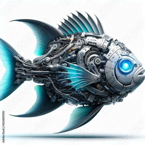 A model of a fish made of iron parts on a white background.