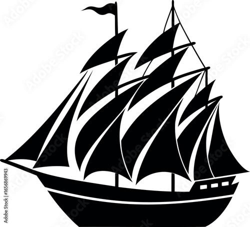 A striking monochrome image of a classic sailing ship with many sails