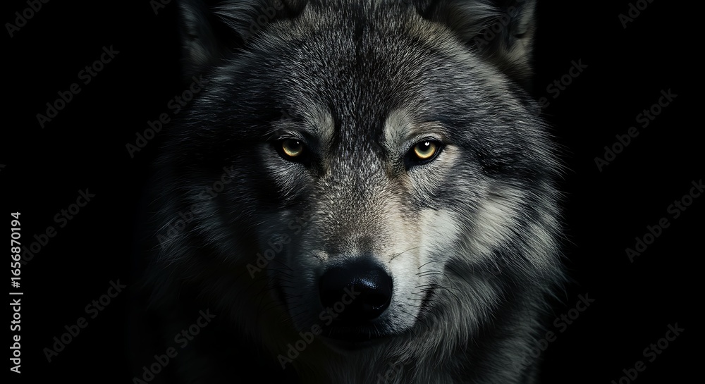 Fototapeta premium Majestic Gray Wolf Facing Forward in Dark Environment