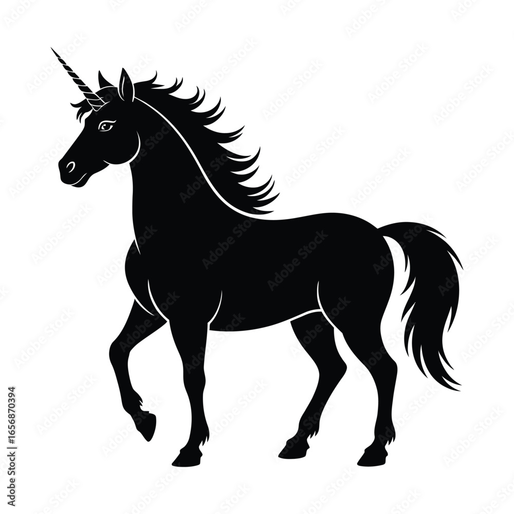 Obraz premium Unicorn silhouette of horse with horn and flowing tail, fantasy-themed isolated vector illustration in black and white