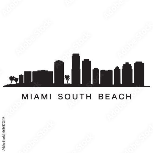 Miami South Beach skyline silhouette. Black Miami South Beachcity. Vector black silhouette. with white background