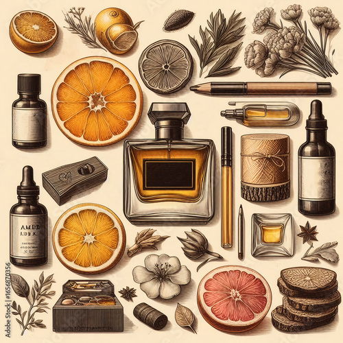 a mood board for a perfume bottle. around the components: citrus, amber, wood, pheromone