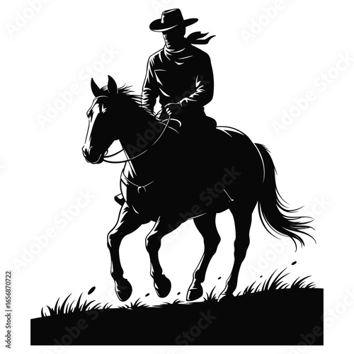 Cowboy riding horse silhouette with western-style rider wearing hat on galloping horse, isolated vector in black and white