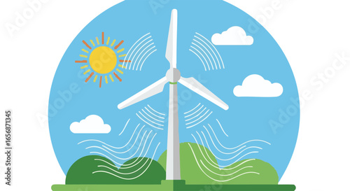Illustration of Wind Turbine with Sun and Clouds Representing Clean Energy and Sustainability for a Greener Future