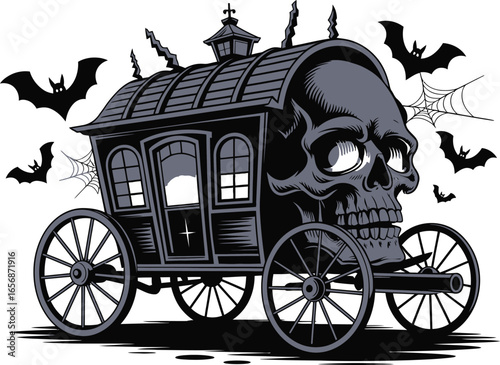 Skull carriage with bats and spiderwebs wagon hearse