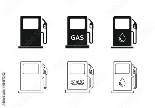 Vector illustration of set of gas station pump icons in various styles, including solid black and outline versions