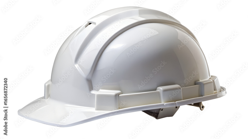 Fototapeta premium White hard hat for construction worker safety isolated on transparent background, essential protective gear for workplace safety
