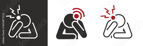 flat and linear set icons, headache icon, head hurts, person supports head with hand, pain, simple symbols on white and black background - editable stroke vector illustration