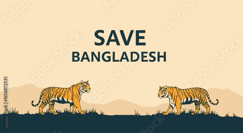 Illustration of Bengal Tigers with Save Bangladesh Message Promoting Conservation and Wildlife Protection