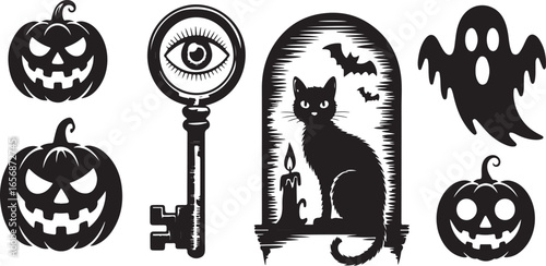 Grunge Halftone Halloween Icons – Retro Collage Vector Set