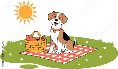 Happy dog on picnic blanket with basket and sun puppy