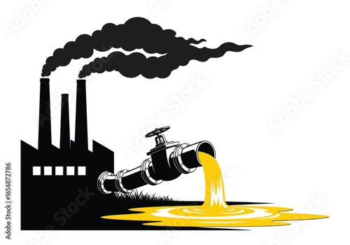 Vector illustration of industrial factory emitting smoke and polluting liquid into the environment