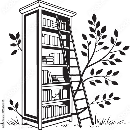 Black and white illustration of a tall bookshelf with a ladder and plants library reading
