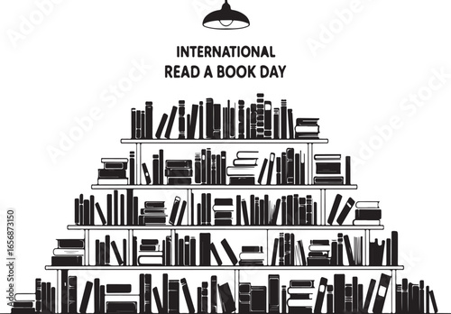Black and white illustration of a pyramid of bookshelves filled with books under a lamp bookshelf reading
