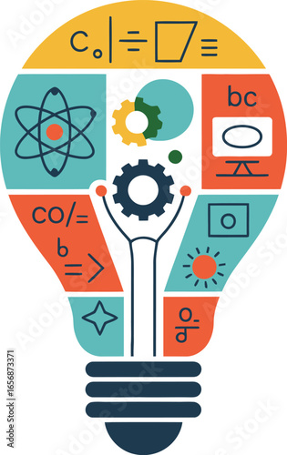 Lightbulb filled with science and math symbols idea