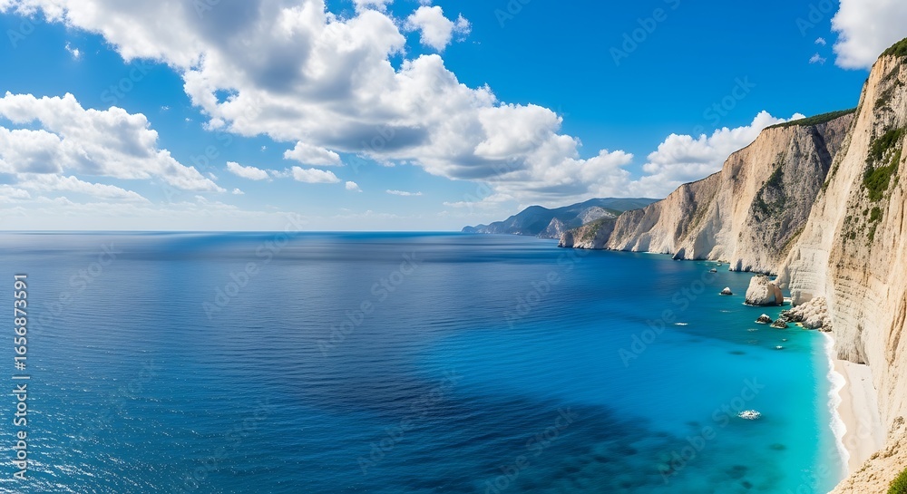 Naklejka premium Dramatic coastal cliffs meet turquoise waters under a blue sky