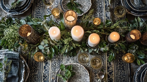 An inviting dining table is adorned with lush greenery, decorative candles, and elegant dishware, creating a warm and festive atmosphere perfect for a special gathering or celebration.