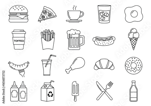 Vector illustration of set of food and drink icons including burger, pizza, coffee, egg, fries, beer, hot dog, ice cream, croissant, donut, and more