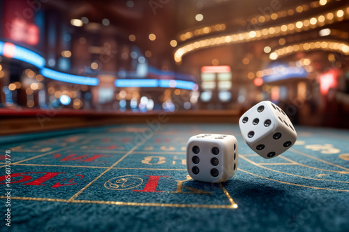 Dice rolling at a vibrant casino during an exciting evening of gaming and entertainment