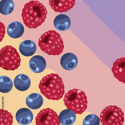 Fresh raspberries and blueberries in a decorative pattern against a gradient background. Vibrant, colorful fruit design with a soft color transition from light yellow to light purple.
