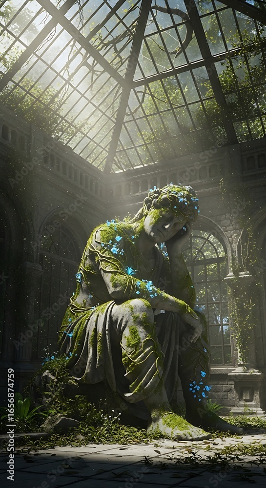 Fototapeta premium Overgrown Sculpture in Greenhouse with Vines and Flowers