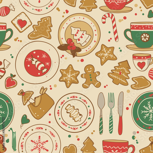 Christmas themed decorative pattern of plates, cookies, cups, candy, and cutlery. Festive assortment of Christmas treats and tableware arranged in a seamless pattern.