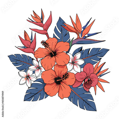 Tropical flower bouquet design with vibrant colors and detailed illustration. Arrangement of hibiscus, plumeria, birds of paradise, and orchid flowers with tropical leaves.