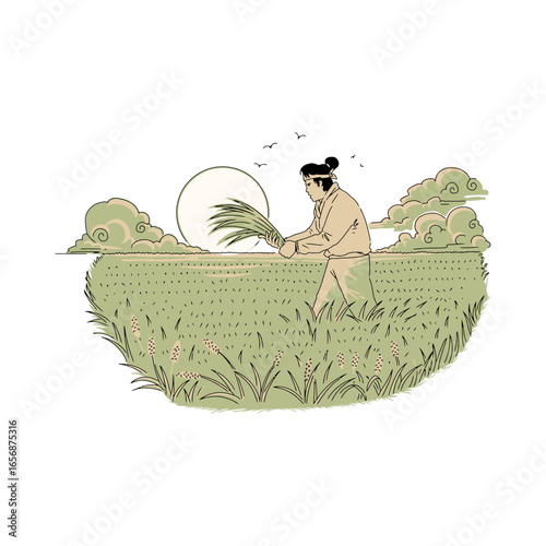 Person harvesting rice in a field at sunrise with clouds and birds overhead, evoking traditional agriculture and natural beauty.