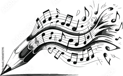 Pencil creating a wave of musical notes melody sound